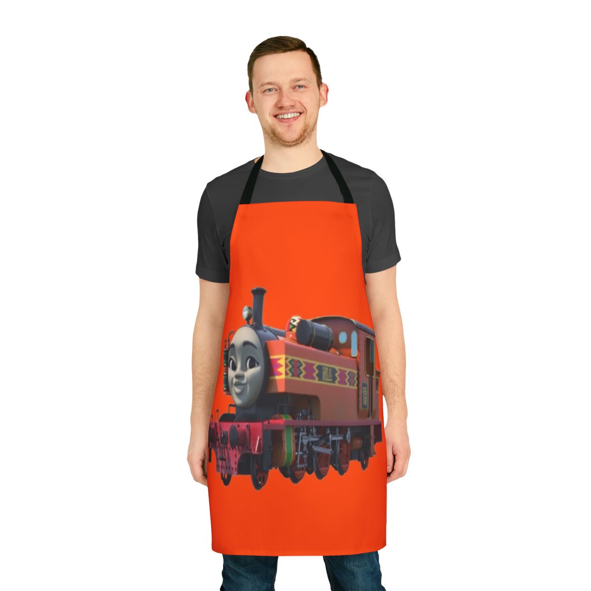 Orange apron featuring a tank engine design, inspired by the iconic trains of East Africa