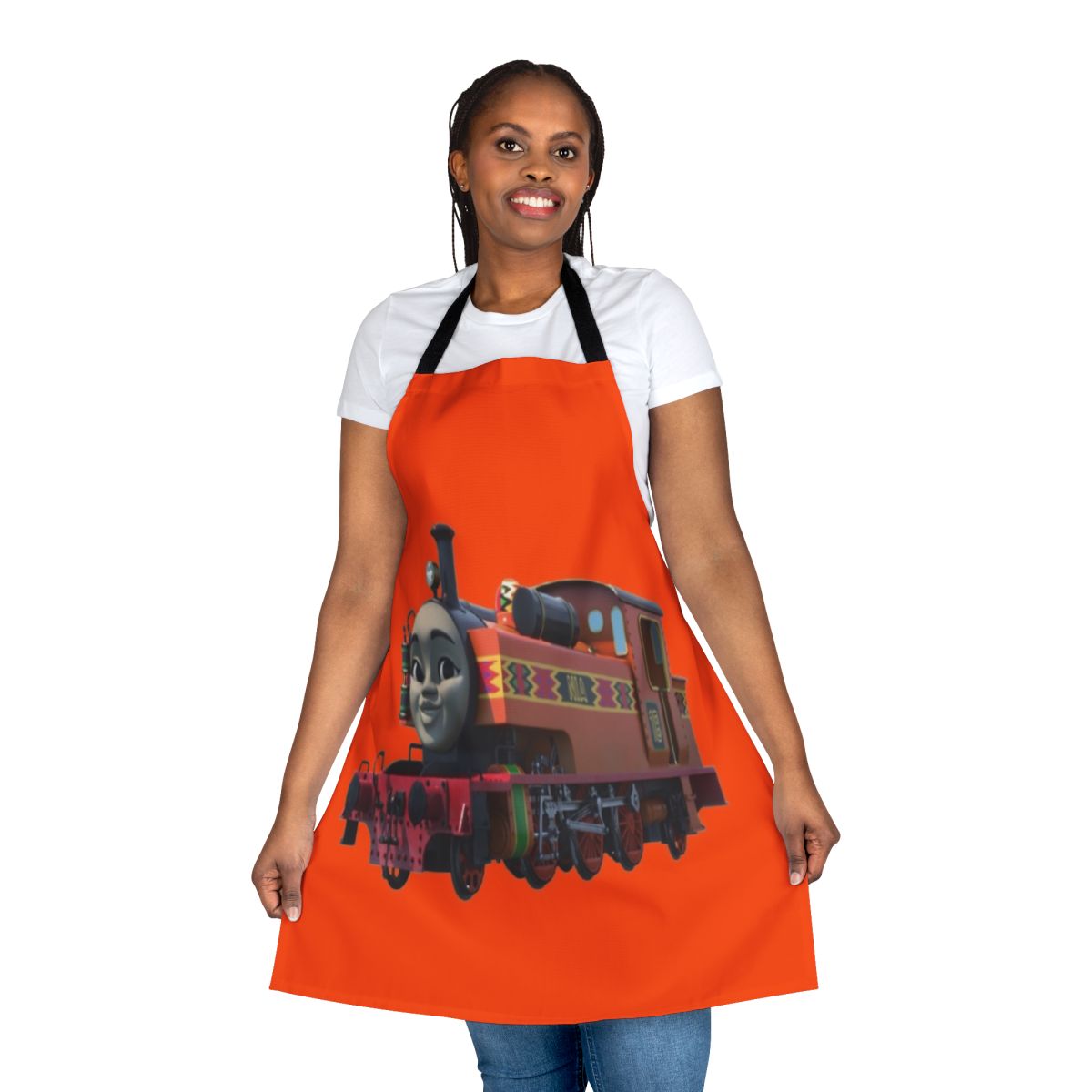 Orange apron featuring a tank engine design, inspired by the iconic trains of East Africa