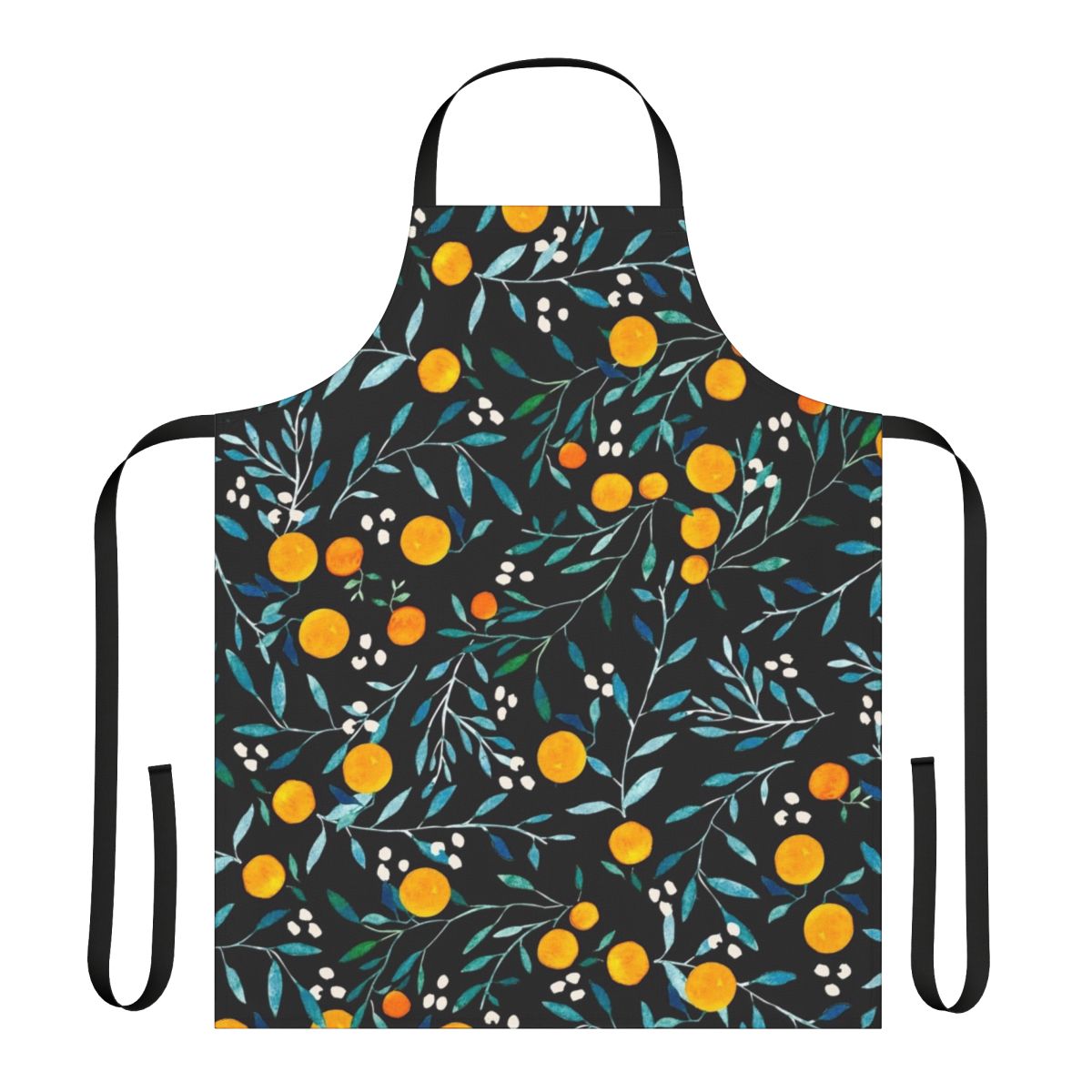 Watercolor illustration of oranges on a black background, featured on an apron.
