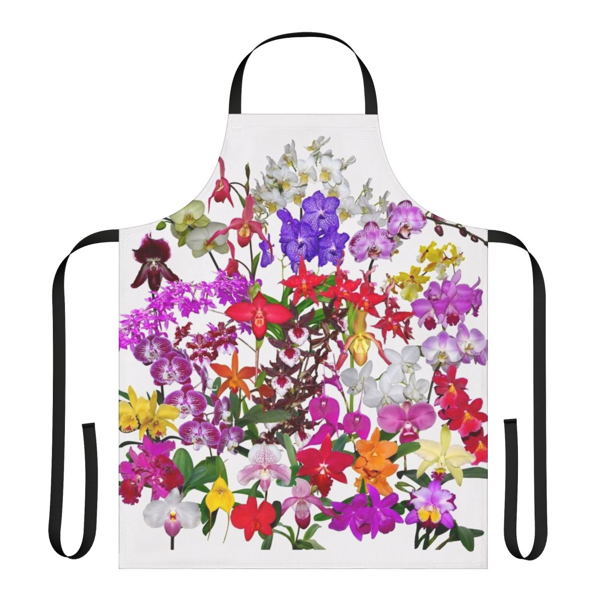 A digital photography image of a colorful orchid flower design on a high-quality apron.