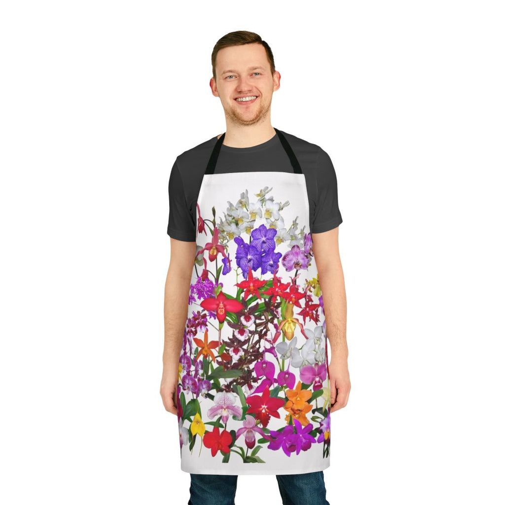 A digital photography image of a colorful orchid flower design on a high-quality apron.