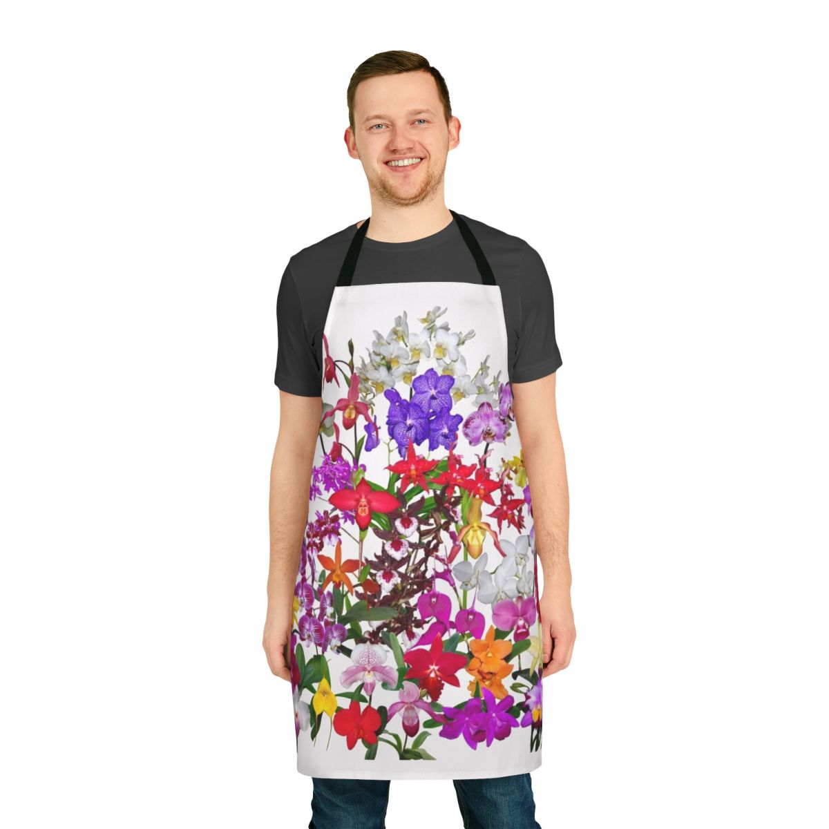 A digital photography image of a colorful orchid flower design on a high-quality apron.