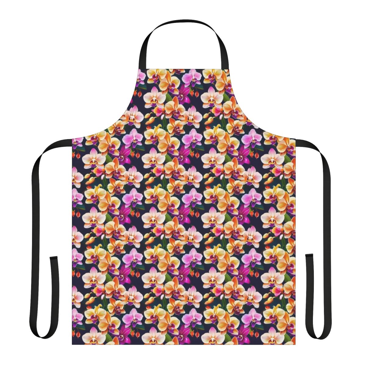 Colorful orchid flower print apron with adjustable neck and waist ties