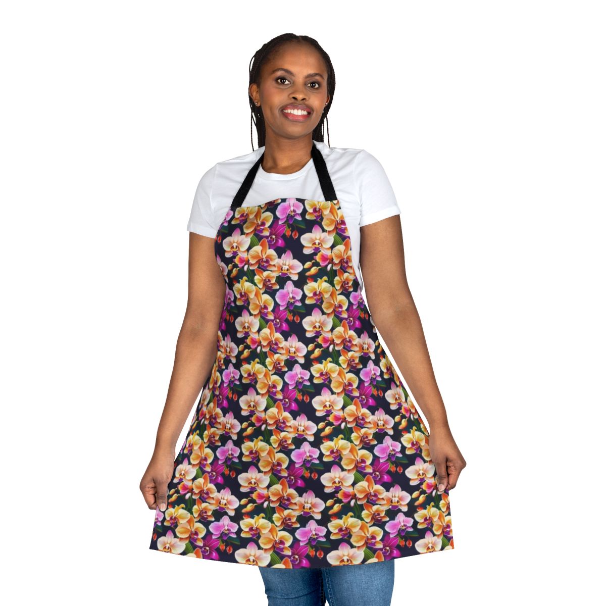 Colorful orchid flower print apron with adjustable neck and waist ties