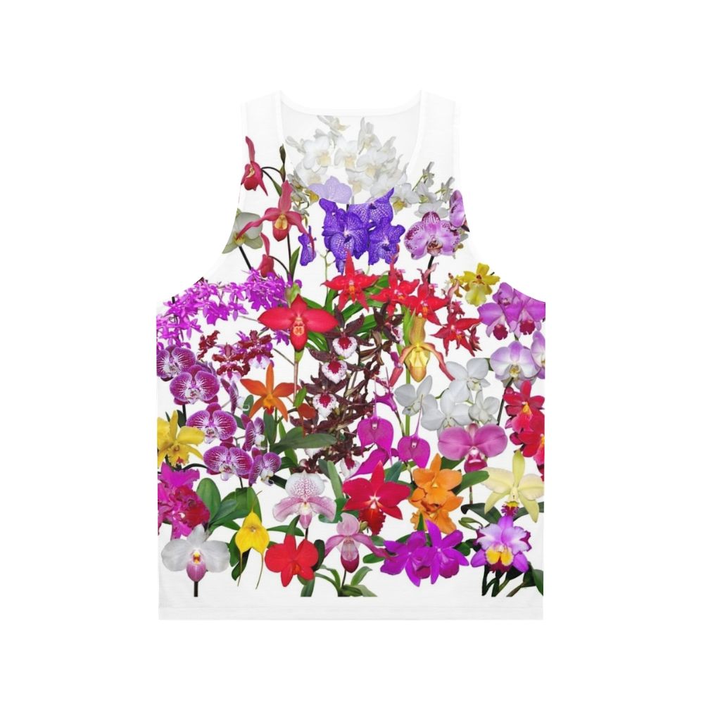 Unisex tank top featuring vibrant orchid flower photography