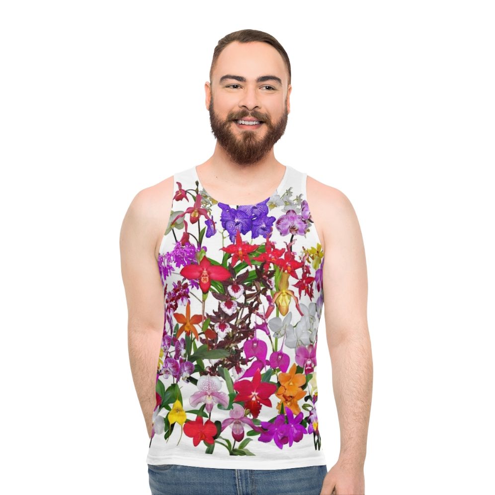 Unisex tank top featuring vibrant orchid flower photography