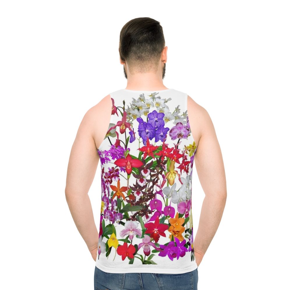 Unisex tank top featuring vibrant orchid flower photography