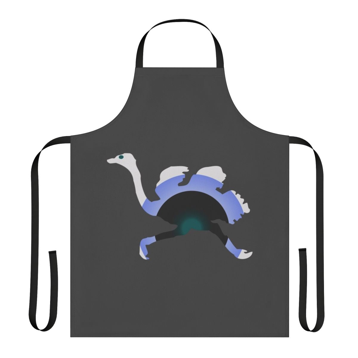 Colorful and abstract apron design featuring an ostrich, a legendary animal