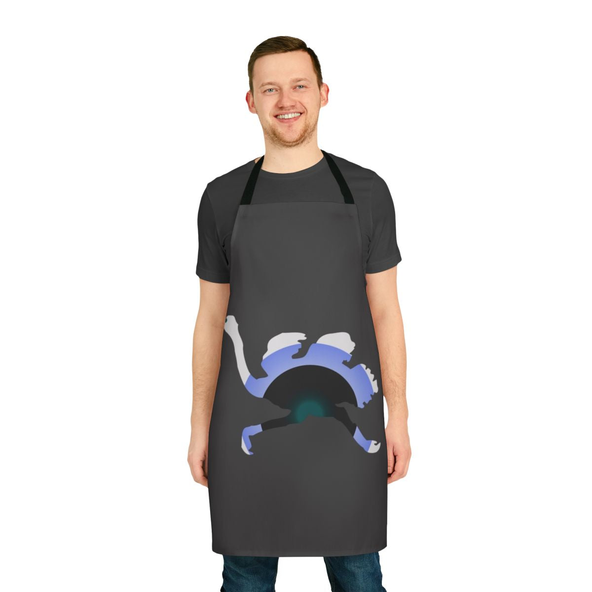 Colorful and abstract apron design featuring an ostrich, a legendary animal