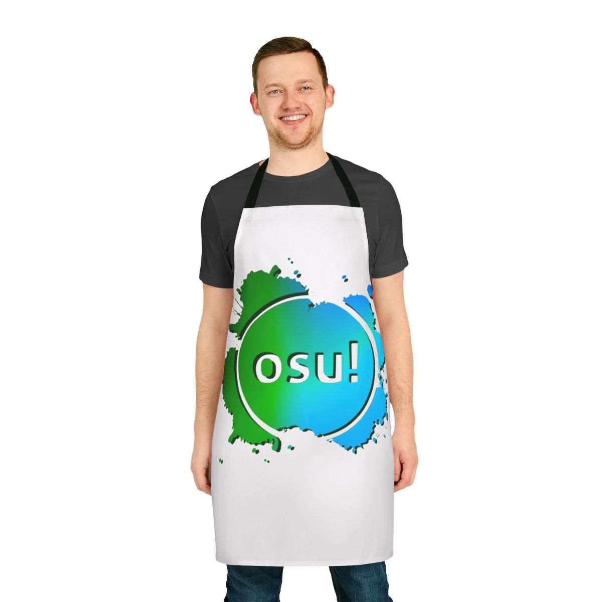 Osu-themed apron with blue and green design for avid gamers and anime enthusiasts