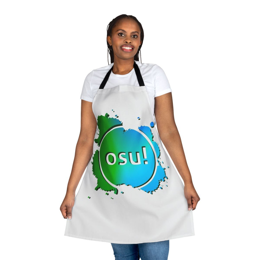 Osu-themed apron with blue and green design for avid gamers and anime enthusiasts