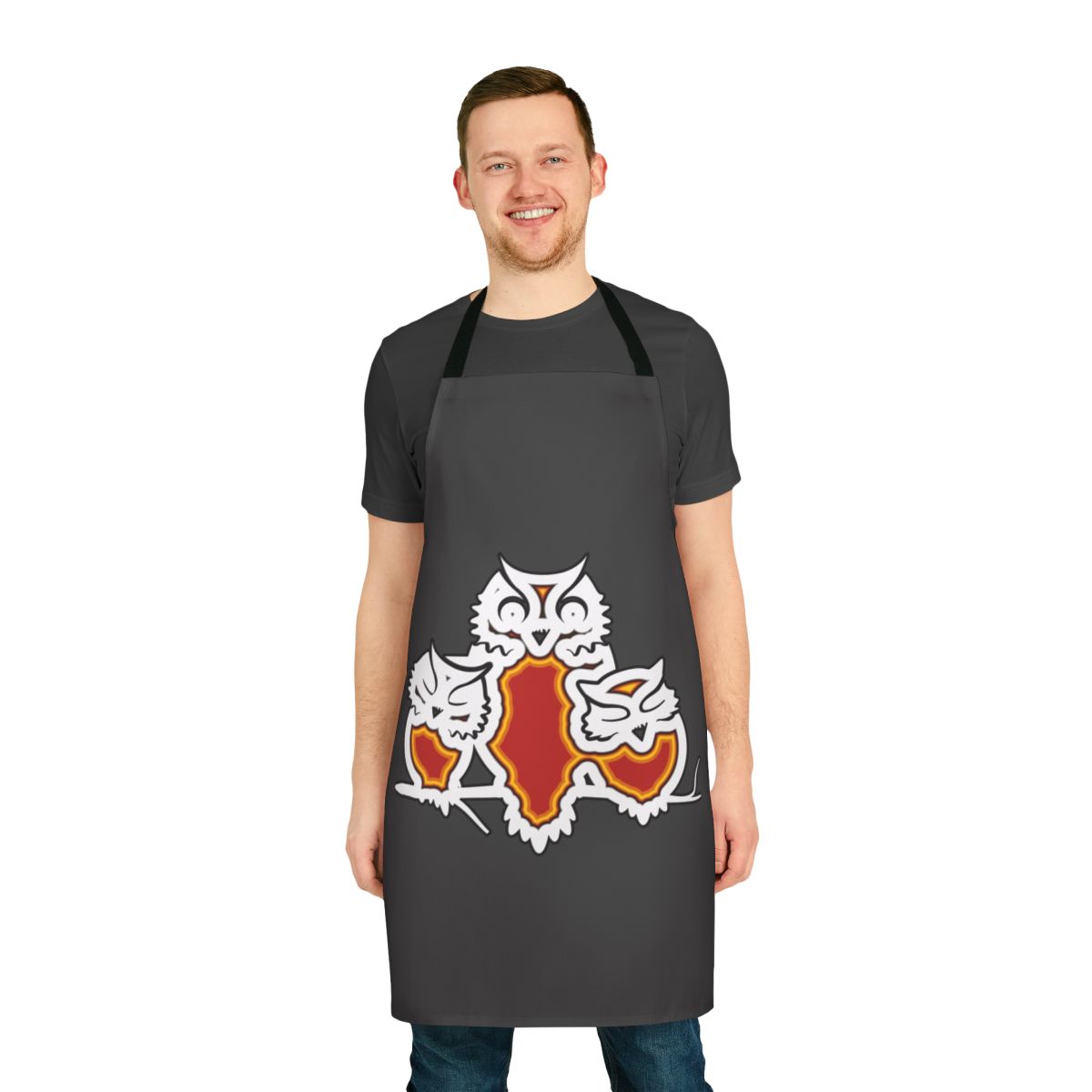Vibrant, colorful apron featuring a abstract owl design - inspired by legendary animals and nature