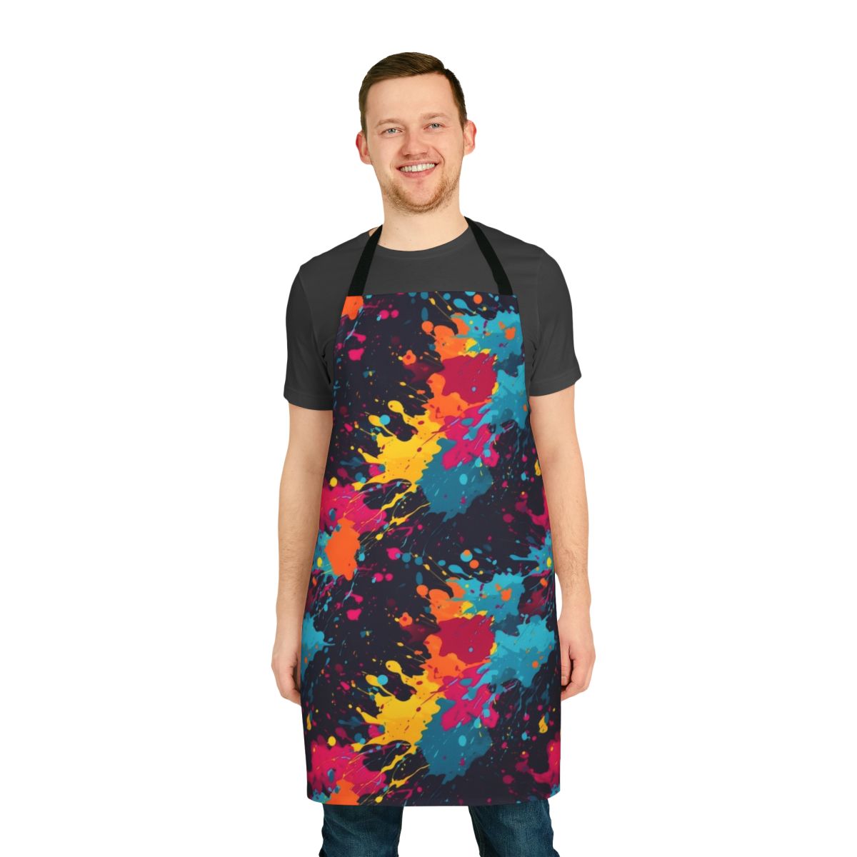 Colorful paint splatter design on a high-quality apron for the kitchen