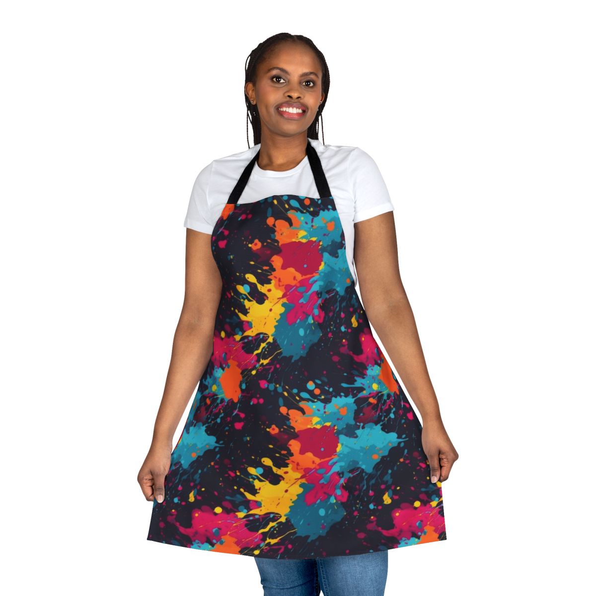 Colorful paint splatter design on a high-quality apron for the kitchen