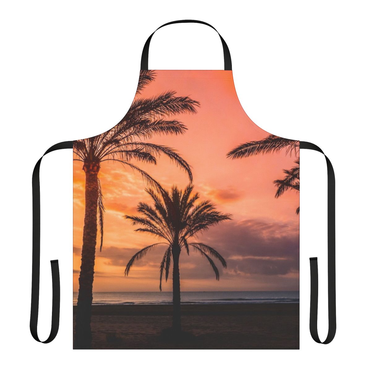 Apron featuring a beautiful sunrise scene with silhouetted palm trees against a colorful sky.
