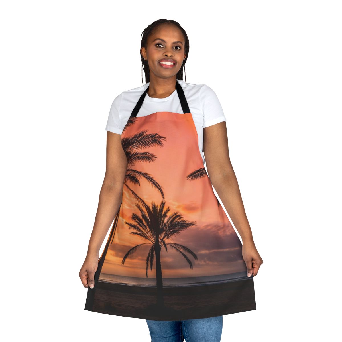 Apron featuring a beautiful sunrise scene with silhouetted palm trees against a colorful sky.