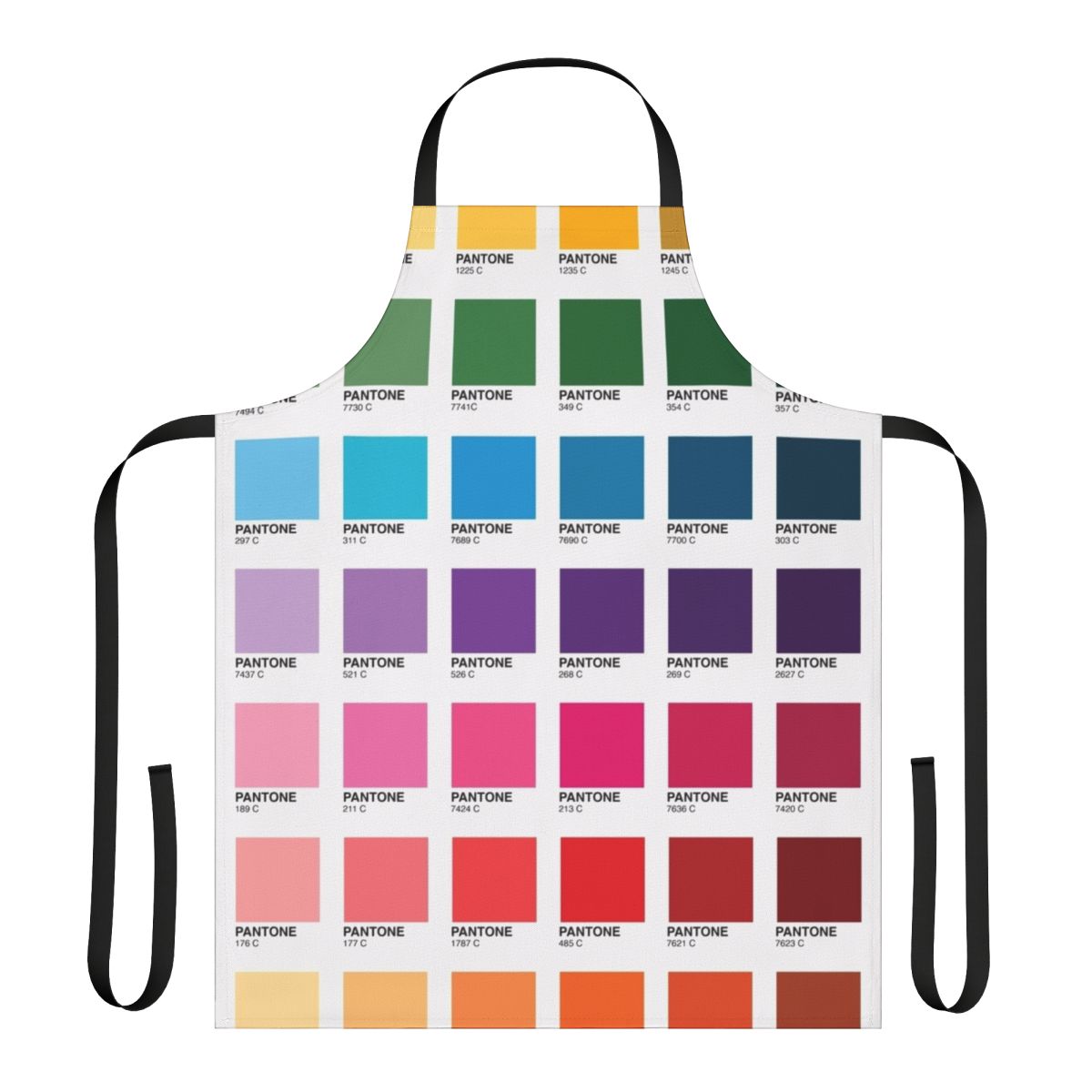 Colorful apron featuring an array of Pantone color swatches and codes