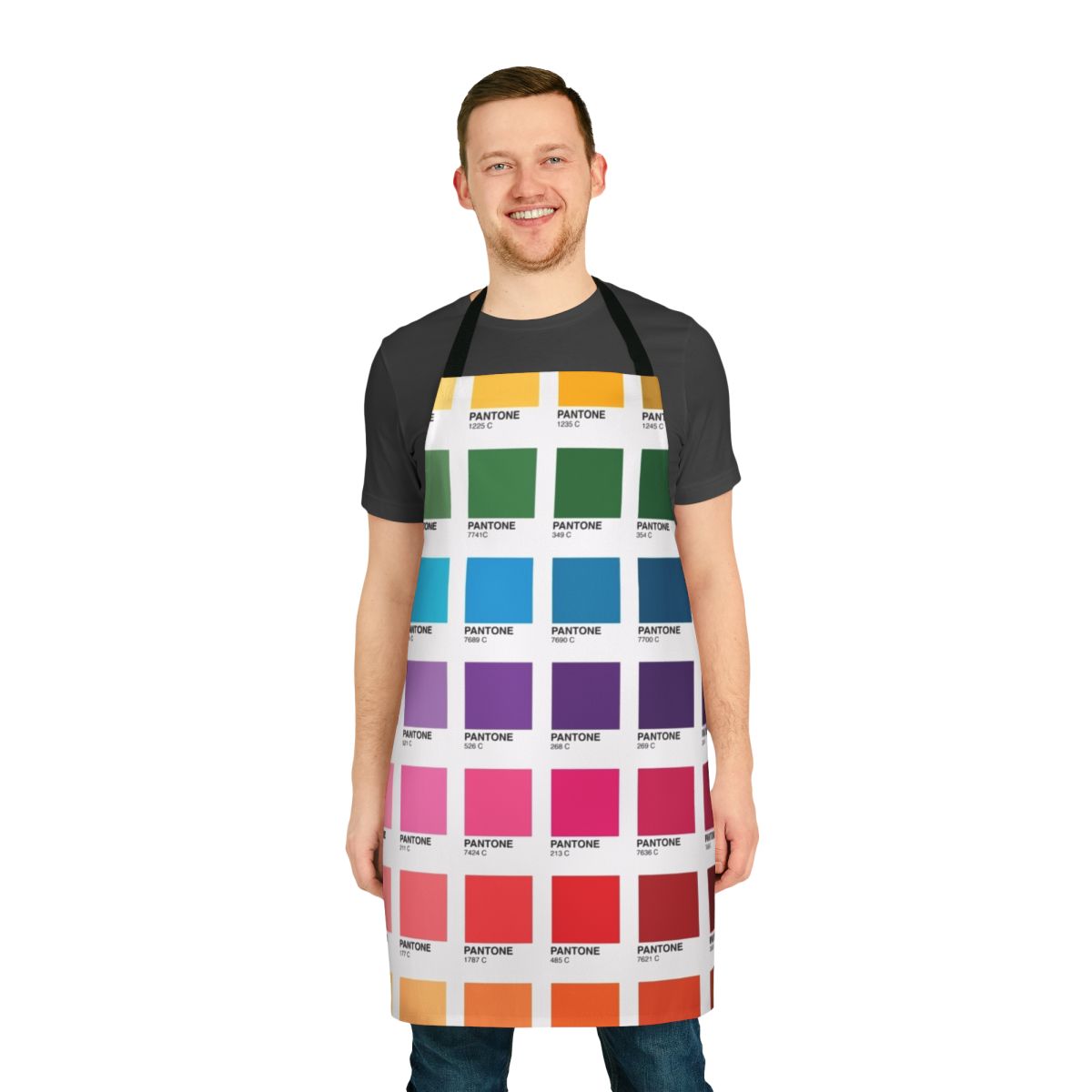 Colorful apron featuring an array of Pantone color swatches and codes