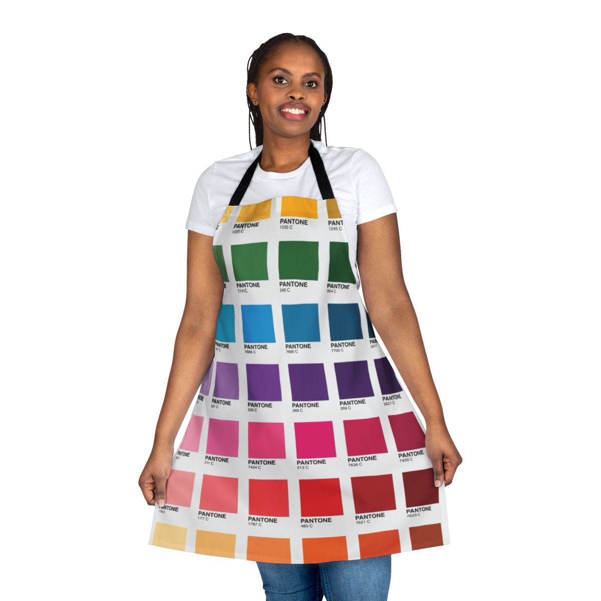 Colorful apron featuring an array of Pantone color swatches and codes