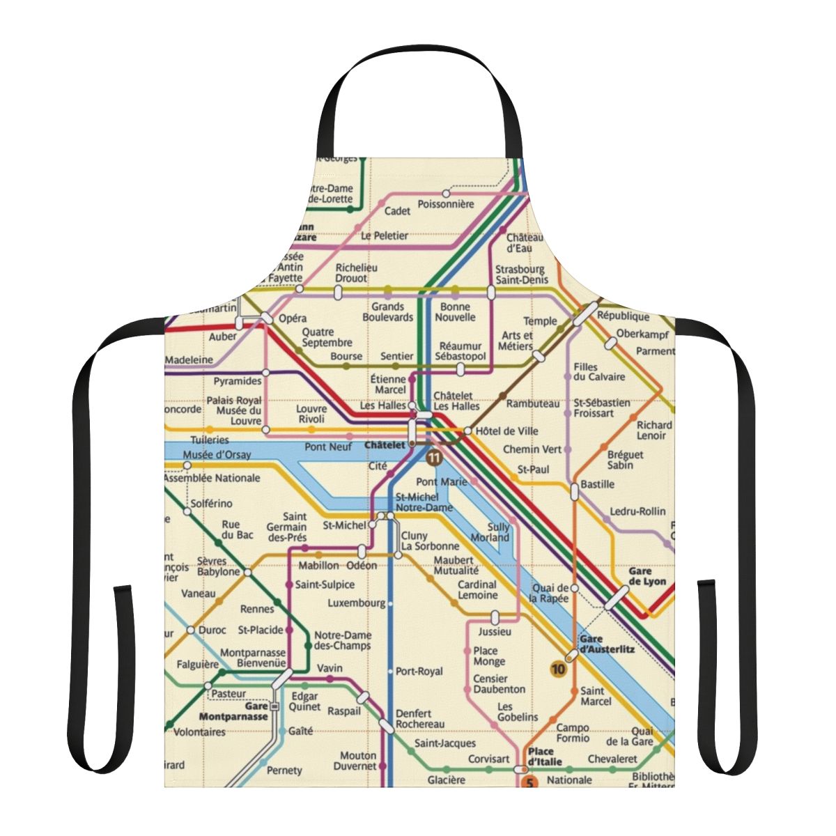 Colorful apron featuring a stylized map of the Paris metro system