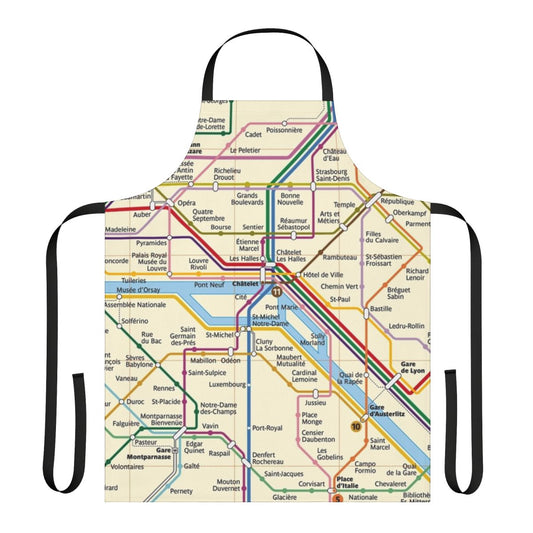 Colorful apron featuring a stylized map of the Paris metro system