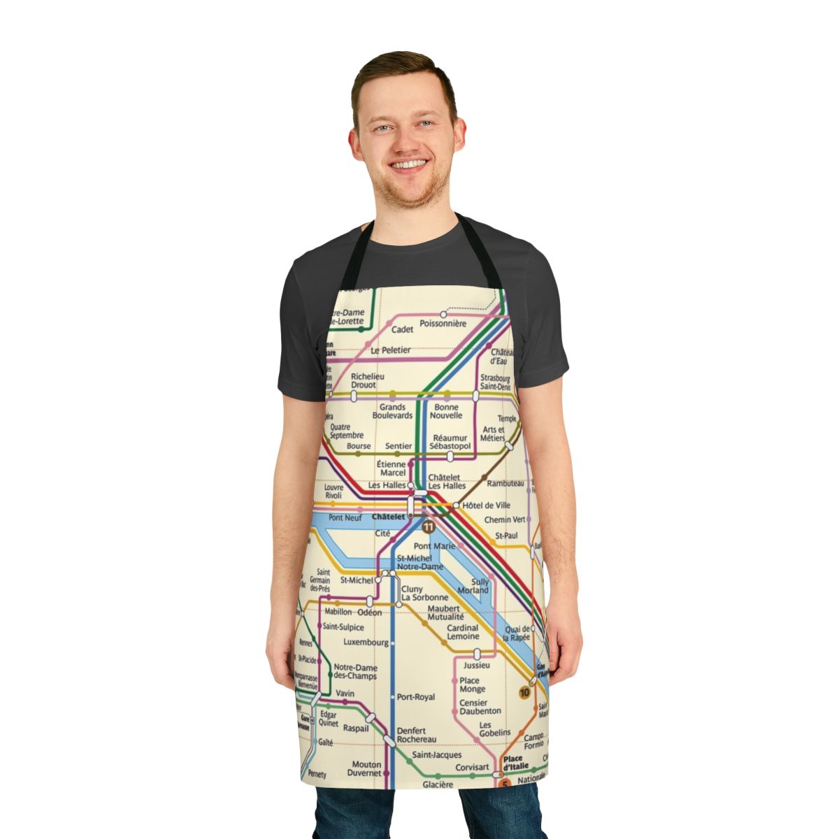 Colorful apron featuring a stylized map of the Paris metro system