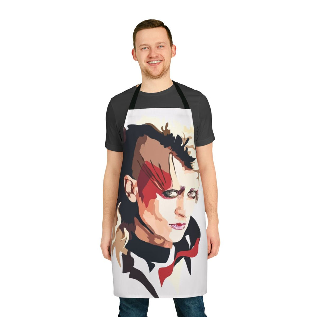 Colorful peach-print apron with a pop art-inspired design
