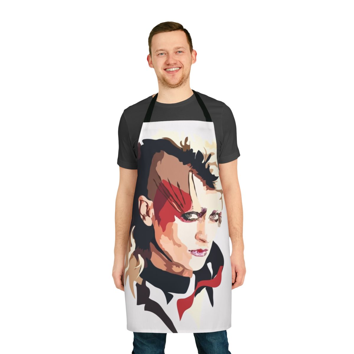Colorful peach-print apron with a pop art-inspired design