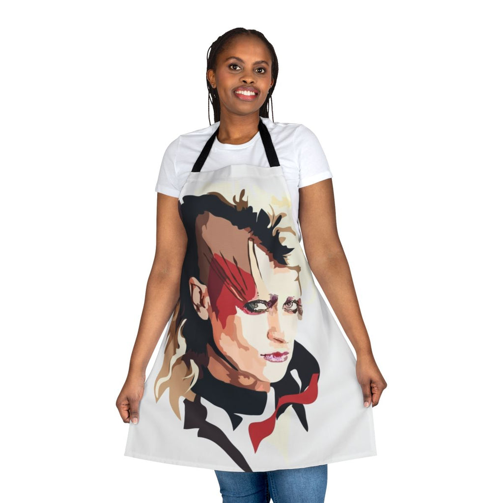 Colorful peach-print apron with a pop art-inspired design