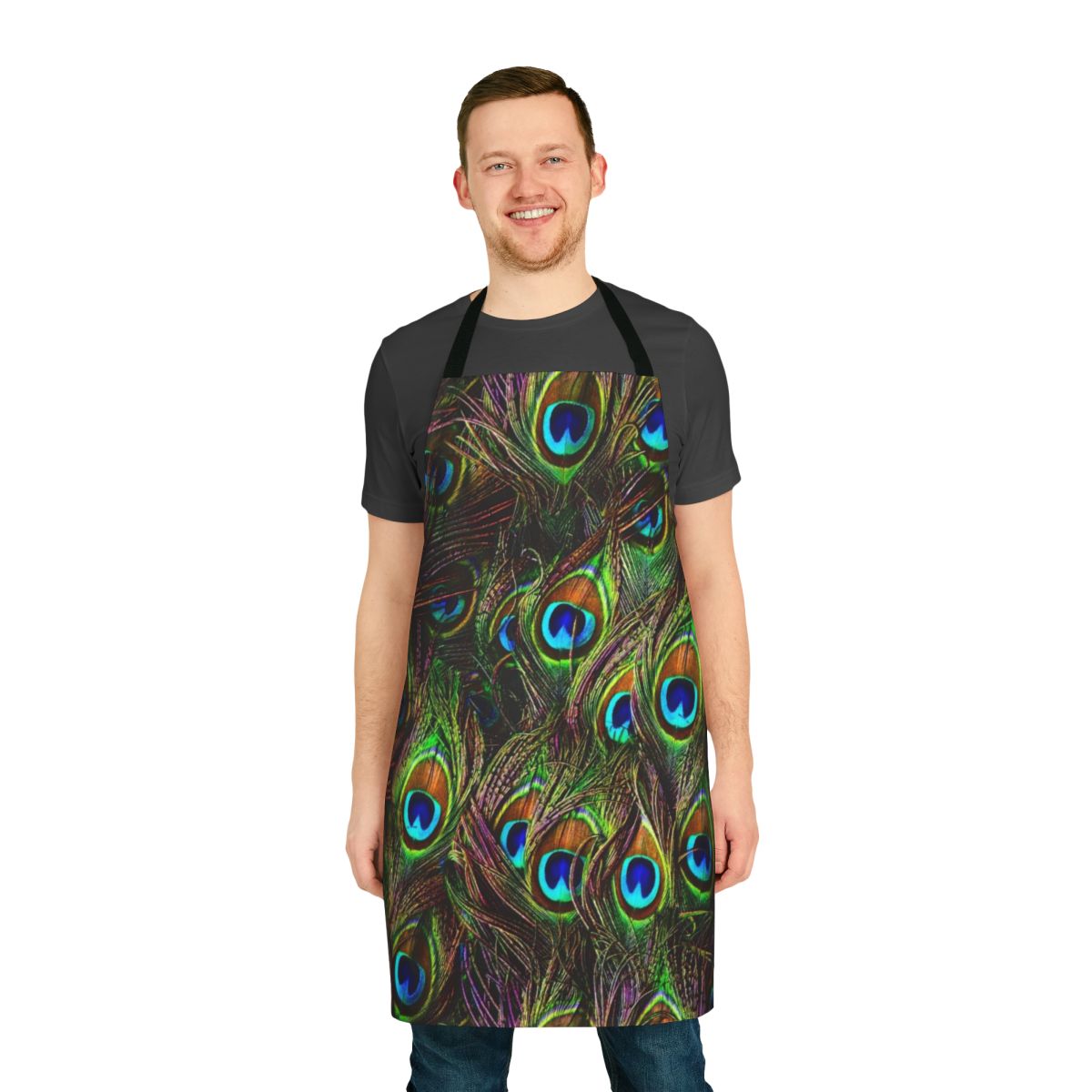 Colorful peacock feather pattern on a high-quality kitchen apron