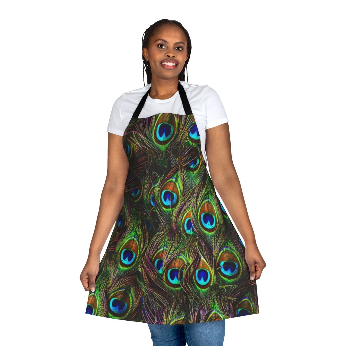 Colorful peacock feather pattern on a high-quality kitchen apron