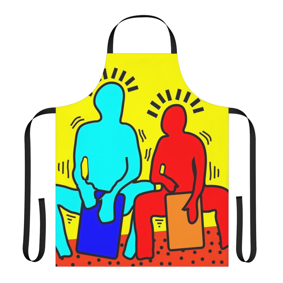 A colorful, musical apron featuring a bold drummer design