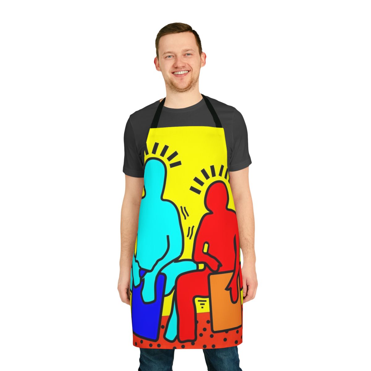 A colorful, musical apron featuring a bold drummer design
