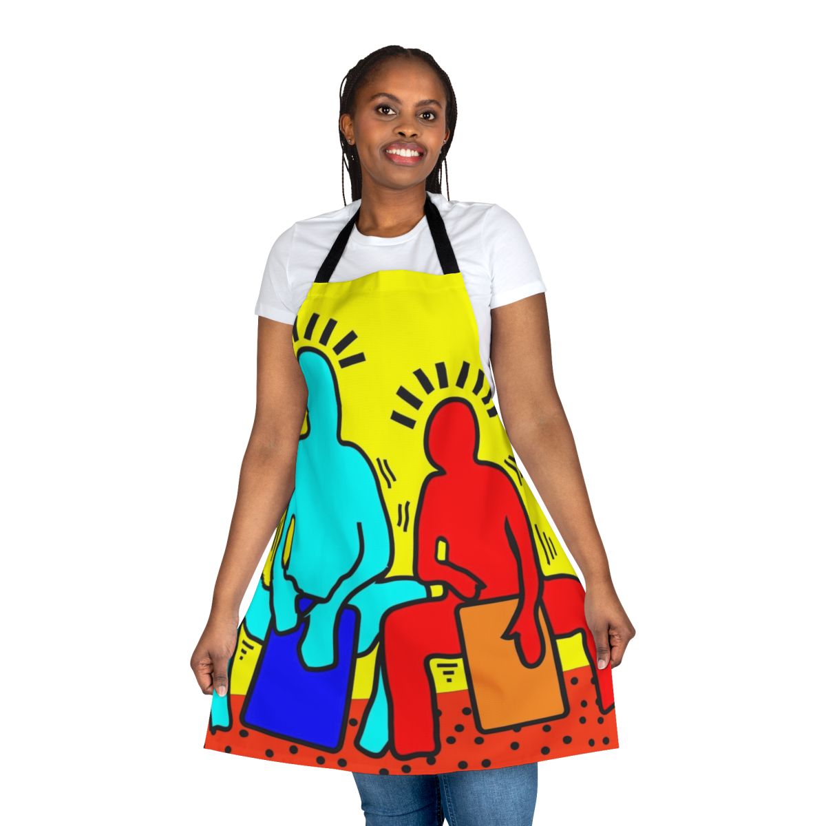 A colorful, musical apron featuring a bold drummer design