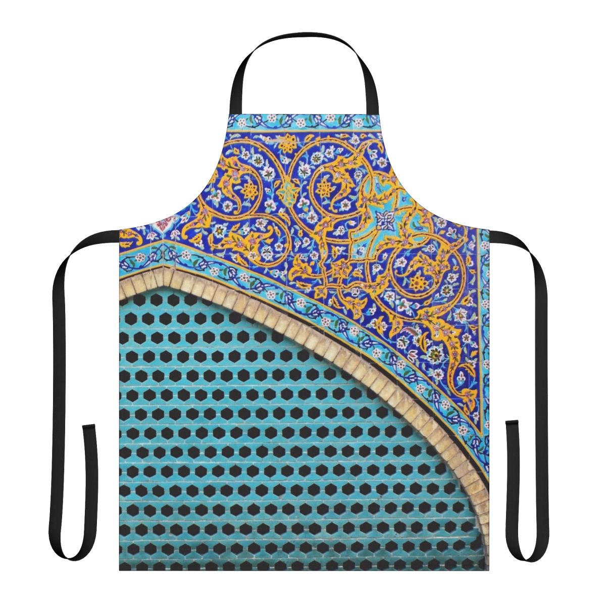 Persian-inspired tiles kitchen apron with blue and circle patterns