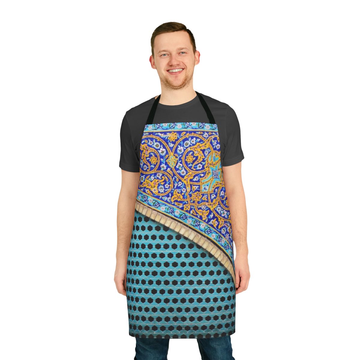 Persian-inspired tiles kitchen apron with blue and circle patterns
