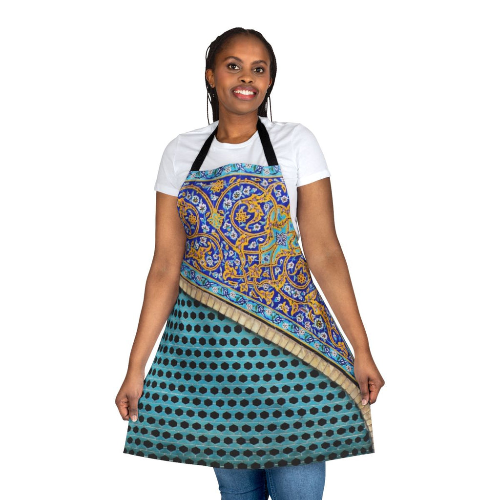 Persian-inspired tiles kitchen apron with blue and circle patterns