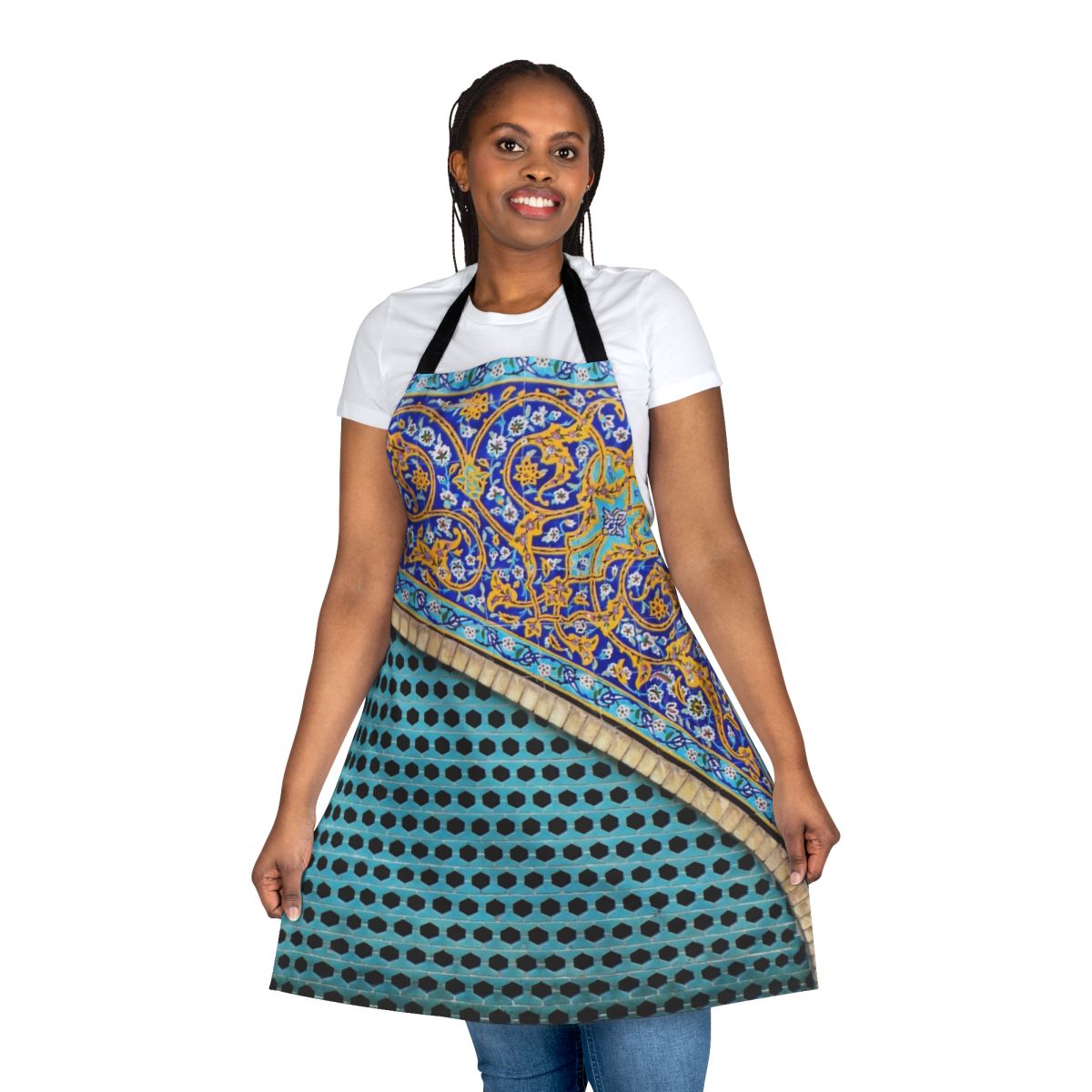Persian-inspired tiles kitchen apron with blue and circle patterns