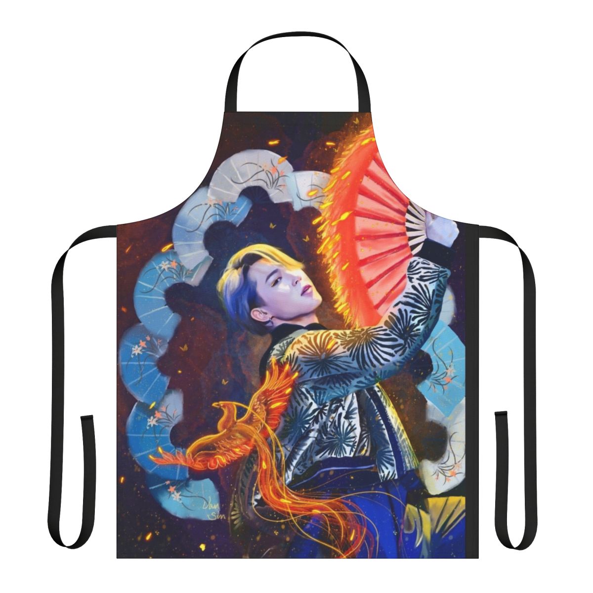Stunning digital illustration of a golden phoenix on a stylish apron, perfect for BTS fans.