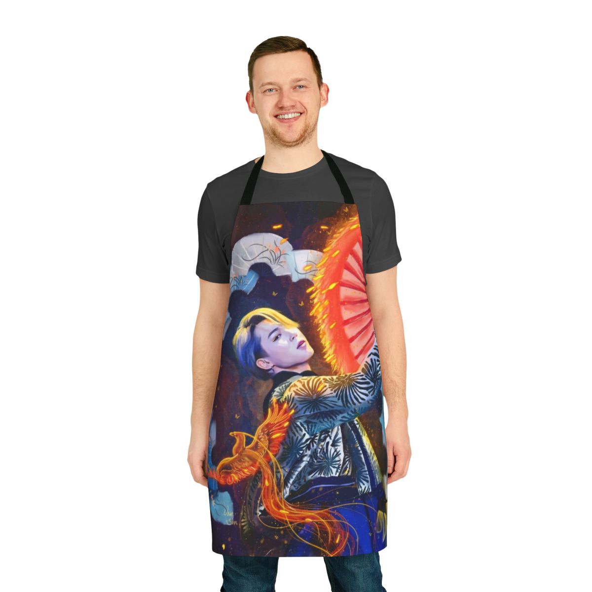 Stunning digital illustration of a golden phoenix on a stylish apron, perfect for BTS fans.