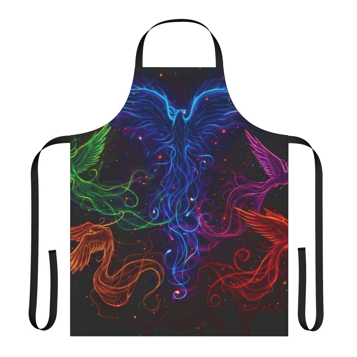Apron featuring a vibrant phoenix design against a rainbow background
