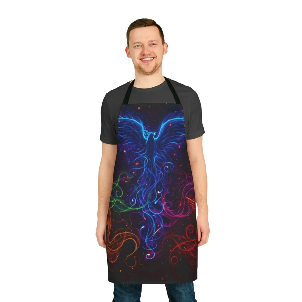 Apron featuring a vibrant phoenix design against a rainbow background