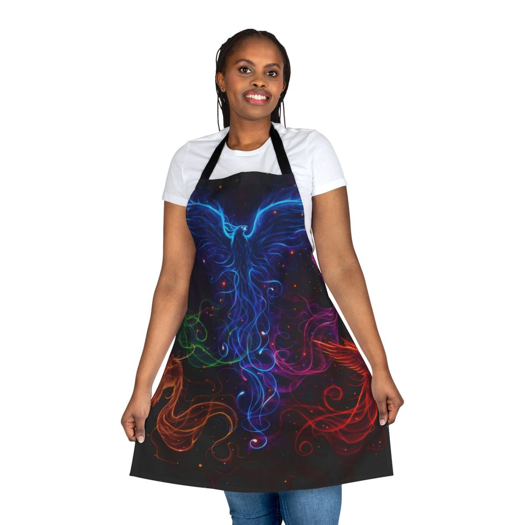 Apron featuring a vibrant phoenix design against a rainbow background