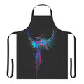 Colorful abstract illustration of a phoenix bird with open wings, in shades of blue and pink, on a high-quality apron.