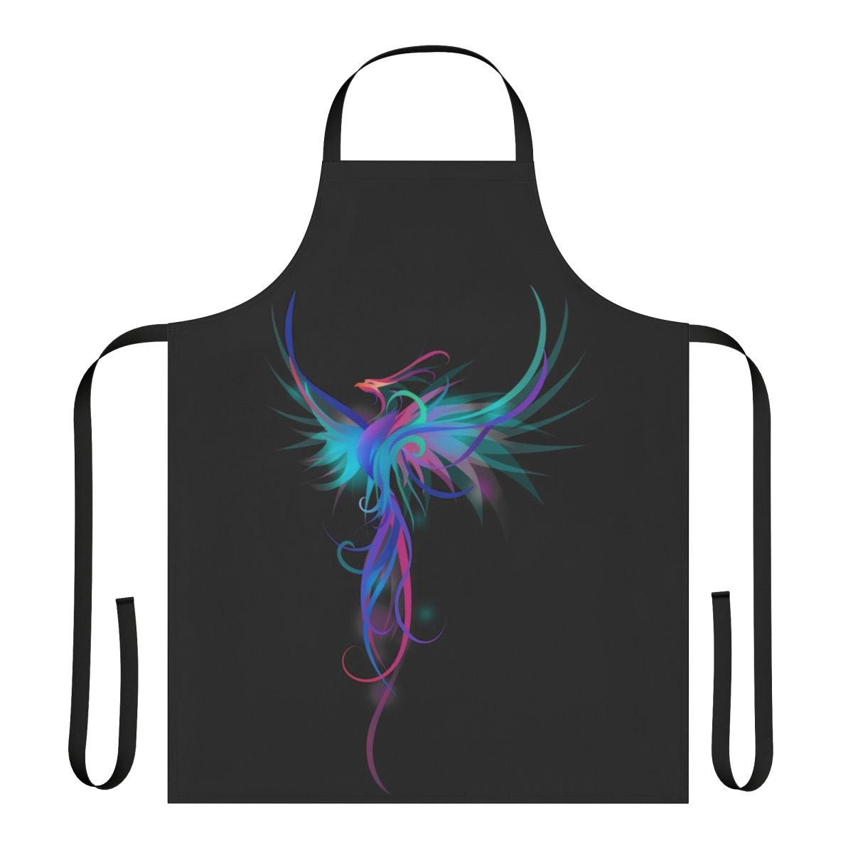 Colorful abstract illustration of a phoenix bird with open wings, in shades of blue and pink, on a high-quality apron.