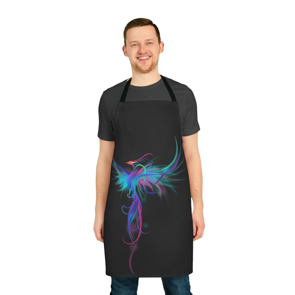 Colorful abstract illustration of a phoenix bird with open wings, in shades of blue and pink, on a high-quality apron.