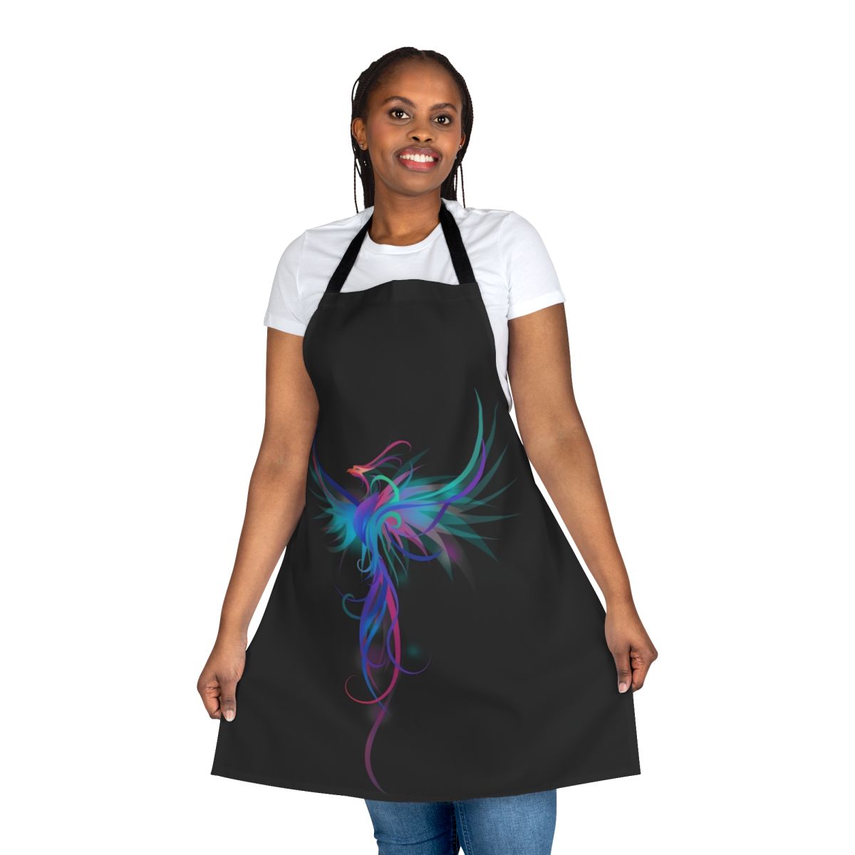 Colorful abstract illustration of a phoenix bird with open wings, in shades of blue and pink, on a high-quality apron.