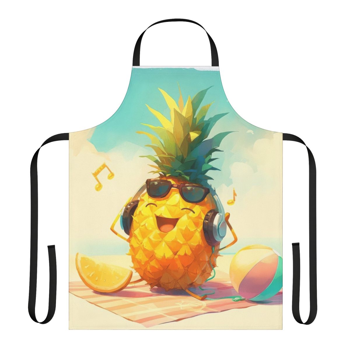 A colorful apron featuring a pineapple wearing headphones and listening to music.