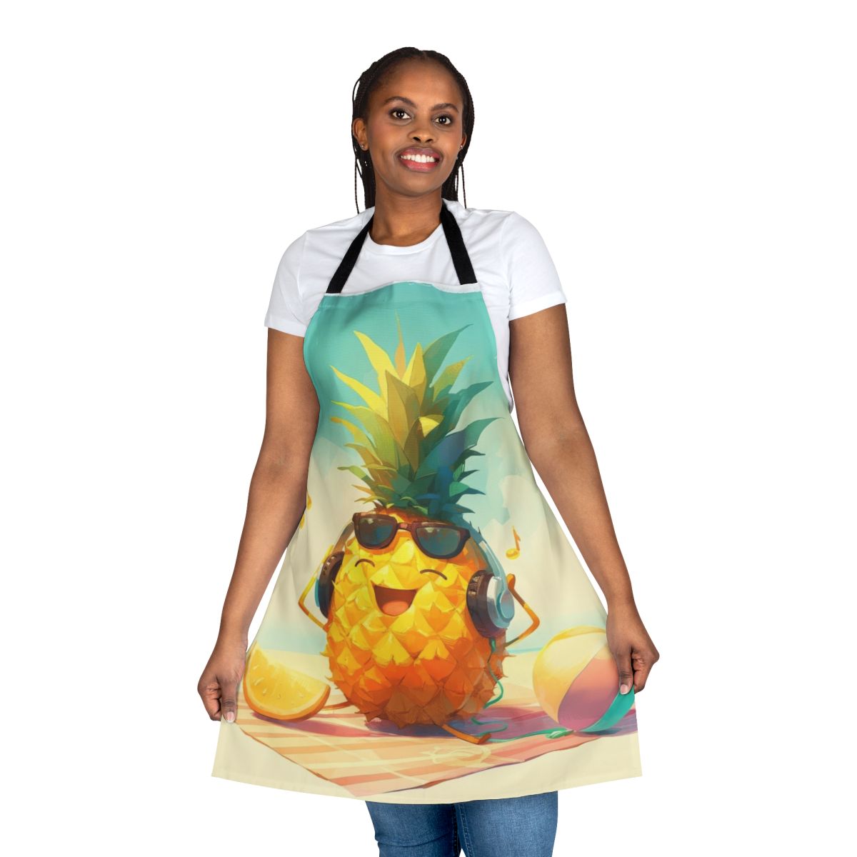 A colorful apron featuring a pineapple wearing headphones and listening to music.