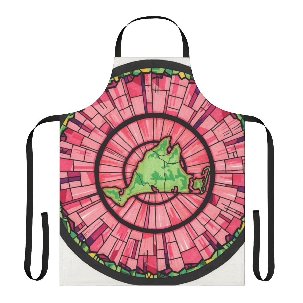 "Stylish pink and green apron featuring a vibrant circle pattern, perfect for the Martha's Vineyard inspired kitchen"